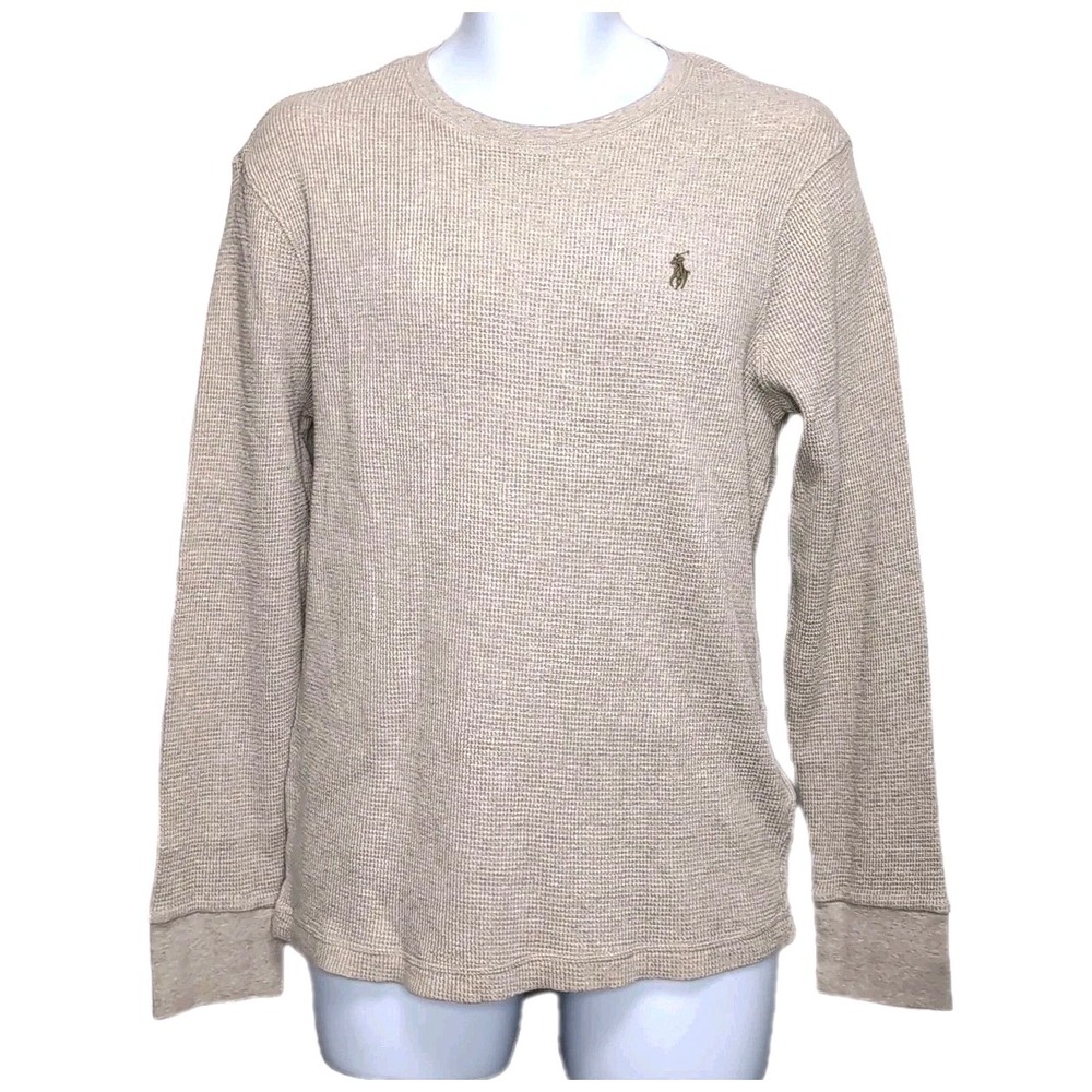 Polo Ralph Lauren Thermal Waffle Knit Crew Neck Shirt Mens L Beige Long Sleeve